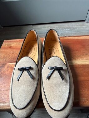 Beige Suede Loafers with Black Trim and Bow Accent